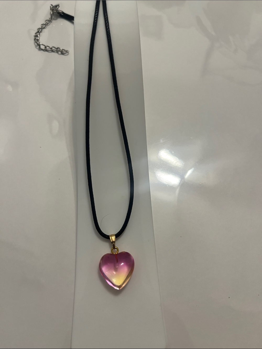Heart Pendant Necklace - Pink Ombre Glass on Black Cord B